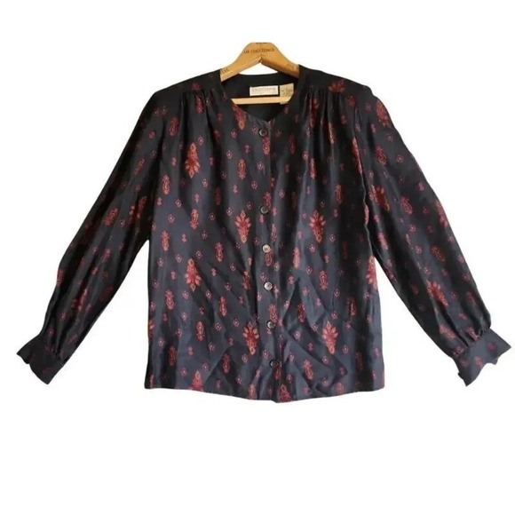 Liz Claiborne Shirt Top Women's Size 4 Black 100% Rayon Long Sleeve Front Button - Picture 1 of 7